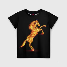 Детская футболка 3D с принтом Огненная лошадь в Белгороде, 100% гипоаллергенный полиэфир | прямой крой, круглый вырез горловины, длина до линии бедер, чуть спущенное плечо, ткань немного тянется | animal | beautiful | black | fiery | fire | hooves | horse | mane | wild | грива | дикий | животное | конь | копыта | красивый | лошадь | огненный | огонь | скакун | черный