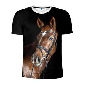 Мужская футболка 3D спортивная с принтом Гнедая лошадь в Белгороде, 100% полиэстер с улучшенными характеристиками | приталенный силуэт, круглая горловина, широкие плечи, сужается к линии бедра | animal | beautiful | black | brown | eyes | gloss | horse | look | muscles | muzzle | portrait | взгляд | глаза | гнедая | животное | конь | коричневый | красивый | лоск | лошадь | мускулы | портрет | скакун | черный