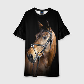 Детское платье 3D с принтом Гнедая лошадь в Белгороде, 100% полиэстер | прямой силуэт, чуть расширенный к низу. Круглая горловина, на рукавах — воланы | animal | beautiful | black | brown | eyes | gloss | harness | horse | look | muzzle | взгляд | глаза | гнедая | гнедой | животное | конь | коричневый | красивый | лоск | лошадь | сбруя | скакун | черный