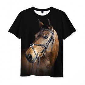 Мужская футболка 3D с принтом Гнедая лошадь в Белгороде, 100% полиэфир | прямой крой, круглый вырез горловины, длина до линии бедер | animal | beautiful | black | brown | eyes | gloss | harness | horse | look | muzzle | взгляд | глаза | гнедая | гнедой | животное | конь | коричневый | красивый | лоск | лошадь | сбруя | скакун | черный