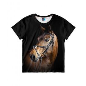 Детская футболка 3D с принтом Гнедая лошадь в Белгороде, 100% гипоаллергенный полиэфир | прямой крой, круглый вырез горловины, длина до линии бедер, чуть спущенное плечо, ткань немного тянется | animal | beautiful | black | brown | eyes | gloss | harness | horse | look | muzzle | взгляд | глаза | гнедая | гнедой | животное | конь | коричневый | красивый | лоск | лошадь | сбруя | скакун | черный