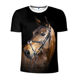 Мужская футболка 3D спортивная с принтом Гнедая лошадь в Белгороде, 100% полиэстер с улучшенными характеристиками | приталенный силуэт, круглая горловина, широкие плечи, сужается к линии бедра | animal | beautiful | black | brown | eyes | gloss | harness | horse | look | muzzle | взгляд | глаза | гнедая | гнедой | животное | конь | коричневый | красивый | лоск | лошадь | сбруя | скакун | черный
