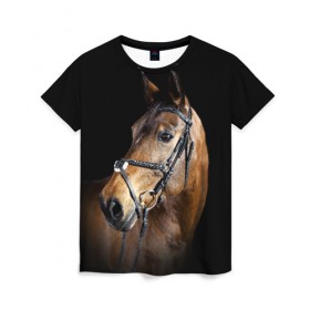 Женская футболка 3D с принтом Гнедая лошадь в Белгороде, 100% полиэфир ( синтетическое хлопкоподобное полотно) | прямой крой, круглый вырез горловины, длина до линии бедер | animal | beautiful | black | brown | eyes | gloss | harness | horse | look | muzzle | взгляд | глаза | гнедая | гнедой | животное | конь | коричневый | красивый | лоск | лошадь | сбруя | скакун | черный