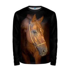 Мужской лонгслив 3D с принтом Гнедая лошадь в Белгороде, 100% полиэстер | длинные рукава, круглый вырез горловины, полуприлегающий силуэт | animal | beautiful | black | brown | eyes | gloss | harness | horse | look | muzzle | взгляд | глаза | гнедой | животное | конь | коричневый | красивый | лоск | лошадь | сбруя | скакун | черный