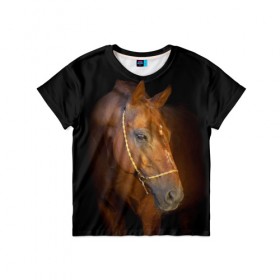 Детская футболка 3D с принтом Гнедая лошадь в Белгороде, 100% гипоаллергенный полиэфир | прямой крой, круглый вырез горловины, длина до линии бедер, чуть спущенное плечо, ткань немного тянется | animal | beautiful | black | brown | eyes | gloss | harness | horse | look | muzzle | взгляд | глаза | гнедой | животное | конь | коричневый | красивый | лоск | лошадь | сбруя | скакун | черный