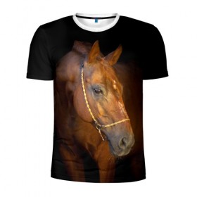 Мужская футболка 3D спортивная с принтом Гнедая лошадь в Белгороде, 100% полиэстер с улучшенными характеристиками | приталенный силуэт, круглая горловина, широкие плечи, сужается к линии бедра | animal | beautiful | black | brown | eyes | gloss | harness | horse | look | muzzle | взгляд | глаза | гнедой | животное | конь | коричневый | красивый | лоск | лошадь | сбруя | скакун | черный