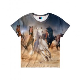 Детская футболка 3D с принтом Табун в Белгороде, 100% гипоаллергенный полиэфир | прямой крой, круглый вырез горловины, длина до линии бедер, чуть спущенное плечо, ткань немного тянется | animal | beautiful | black | brown | desert | gloss | herd | horse | mane | mustang | muzzle | nature | sand | white | wild | белый | грива | дикий | животное | конь | коричневый | красивый | лоск | лошадь | мустанг | песок | природа | пусты