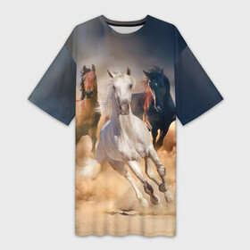 Платье-футболка 3D с принтом Табун в Белгороде,  |  | animal | beautiful | black | brown | desert | gloss | herd | horse | mane | mustang | muzzle | nature | sand | white | wild | белый | грива | дикий | животное | конь | коричневый | красивый | лоск | лошадь | мустанг | песок | природа | пусты