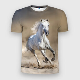 Мужская футболка 3D спортивная с принтом Белый конь в Белгороде, 100% полиэстер с улучшенными характеристиками | приталенный силуэт, круглая горловина, широкие плечи, сужается к линии бедра | animal | beautiful | desert | gloss | horse | mane | mustang | muzzle | nature | sand | white | wild | белый | грива | дикий | животное | конь | красивый | лоск | лошадь | мустанг | песок | природа | пустыня | скакун