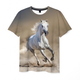 Мужская футболка 3D с принтом Белый конь в Белгороде, 100% полиэфир | прямой крой, круглый вырез горловины, длина до линии бедер | animal | beautiful | desert | gloss | horse | mane | mustang | muzzle | nature | sand | white | wild | белый | грива | дикий | животное | конь | красивый | лоск | лошадь | мустанг | песок | природа | пустыня | скакун