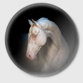 Значок с принтом Белая лошадь в Белгороде,  металл | круглая форма, металлическая застежка в виде булавки | Тематика изображения на принте: animal | black | breed | horse | muscle | muzzle | strength | unusual | white | белый | животное | конь | лошадь | мышцы | необычный | порода | сила | скакун