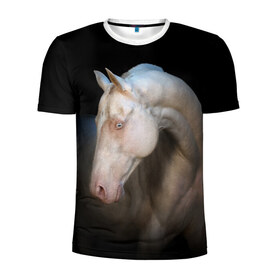 Мужская футболка 3D спортивная с принтом Белая лошадь в Белгороде, 100% полиэстер с улучшенными характеристиками | приталенный силуэт, круглая горловина, широкие плечи, сужается к линии бедра | Тематика изображения на принте: animal | black | breed | horse | muscle | muzzle | strength | unusual | white | белый | животное | конь | лошадь | мышцы | необычный | порода | сила | скакун