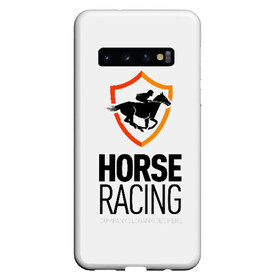 Чехол для Samsung Galaxy S10 с принтом Horse racing в Белгороде, Силикон | Область печати: задняя сторона чехла, без боковых панелей | Тематика изображения на принте: animal | black | emblem | horse | rider | riding | slogan | sport | text | white | белый | езда | животное | конь | лошадь | наездник | слоган | спорт | текст | черный | эмблема