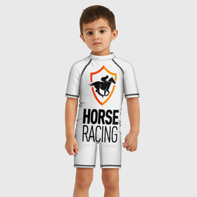 Детский купальный костюм 3D с принтом Horse racing в Белгороде, Полиэстер 85%, Спандекс 15% | застежка на молнии на спине | animal | black | emblem | horse | rider | riding | slogan | sport | text | white | белый | езда | животное | конь | лошадь | наездник | слоган | спорт | текст | черный | эмблема