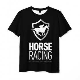 Мужская футболка 3D с принтом Horse racing в Белгороде, 100% полиэфир | прямой крой, круглый вырез горловины, длина до линии бедер | animal | black | emblem | rider | riding | slogan | sport | text | white | белый | езда | животное | конь | лошадь | наездник | слоган | спорт | текст | черный | эмблема