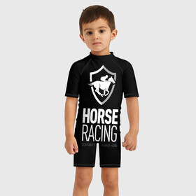 Детский купальный костюм 3D с принтом Horse racing в Белгороде, Полиэстер 85%, Спандекс 15% | застежка на молнии на спине | animal | black | emblem | rider | riding | slogan | sport | text | white | белый | езда | животное | конь | лошадь | наездник | слоган | спорт | текст | черный | эмблема