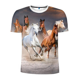 Мужская футболка 3D спортивная с принтом Табун в Белгороде, 100% полиэстер с улучшенными характеристиками | приталенный силуэт, круглая горловина, широкие плечи, сужается к линии бедра | animal | beautiful | black | brown | desert | gloss | herd | horse | mane | mustang | muzzle | nature | sand | white | wild | белый | грива | дикий | животное | конь | коричневый | красивый | лоск | лошадь | мустанг | песок | природа | пусты