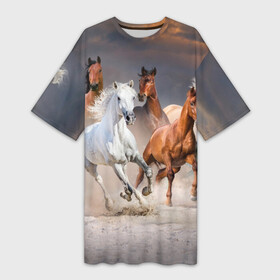 Платье-футболка 3D с принтом Табун в Белгороде,  |  | animal | beautiful | black | brown | desert | gloss | herd | horse | mane | mustang | muzzle | nature | sand | white | wild | белый | грива | дикий | животное | конь | коричневый | красивый | лоск | лошадь | мустанг | песок | природа | пусты