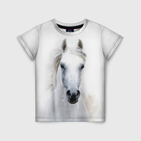 Детская футболка 3D с принтом Белая лошадь в Белгороде, 100% гипоаллергенный полиэфир | прямой крой, круглый вырез горловины, длина до линии бедер, чуть спущенное плечо, ткань немного тянется | animal | beautiful | gloss | horse | mane | mustang | muzzle | white | wild | белый | грива | дикий | животное | конь | красивый | лоск | лошадь | мустанг | скакун