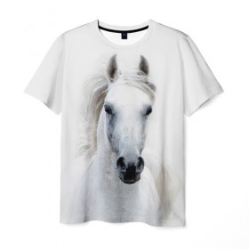Мужская футболка 3D с принтом Белая лошадь в Белгороде, 100% полиэфир | прямой крой, круглый вырез горловины, длина до линии бедер | Тематика изображения на принте: animal | beautiful | gloss | horse | mane | mustang | muzzle | white | wild | белый | грива | дикий | животное | конь | красивый | лоск | лошадь | мустанг | скакун