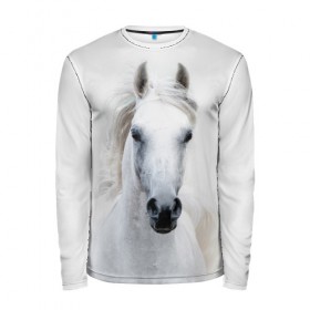 Мужской лонгслив 3D с принтом Белая лошадь в Белгороде, 100% полиэстер | длинные рукава, круглый вырез горловины, полуприлегающий силуэт | animal | beautiful | gloss | horse | mane | mustang | muzzle | white | wild | белый | грива | дикий | животное | конь | красивый | лоск | лошадь | мустанг | скакун