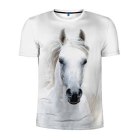 Мужская футболка 3D спортивная с принтом Белая лошадь в Белгороде, 100% полиэстер с улучшенными характеристиками | приталенный силуэт, круглая горловина, широкие плечи, сужается к линии бедра | animal | beautiful | gloss | horse | mane | mustang | muzzle | white | wild | белый | грива | дикий | животное | конь | красивый | лоск | лошадь | мустанг | скакун