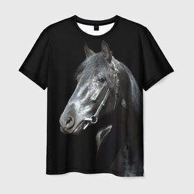 Мужская футболка 3D с принтом Конь вороной в Белгороде, 100% полиэфир | прямой крой, круглый вырез горловины, длина до линии бедер | Тематика изображения на принте: 