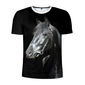 Мужская футболка 3D спортивная с принтом Конь вороной в Белгороде, 100% полиэстер с улучшенными характеристиками | приталенный силуэт, круглая горловина, широкие плечи, сужается к линии бедра | Тематика изображения на принте: 