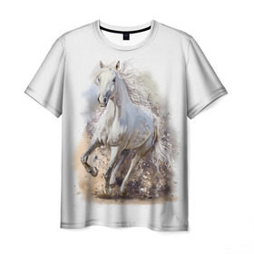 Мужская футболка 3D с принтом Белая лошадь в Белгороде, 100% полиэфир | прямой крой, круглый вырез горловины, длина до линии бедер | Тематика изображения на принте: animal | beautiful | drawing | horse | mane | muzzle | nature | white | wild | белый | грива | дикий | животное | конь | красивый | лошадь | природа | рисунок | скакун