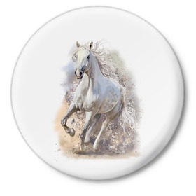 Значок с принтом Белая лошадь в Белгороде,  металл | круглая форма, металлическая застежка в виде булавки | animal | beautiful | drawing | horse | mane | muzzle | nature | white | wild | белый | грива | дикий | животное | конь | красивый | лошадь | природа | рисунок | скакун