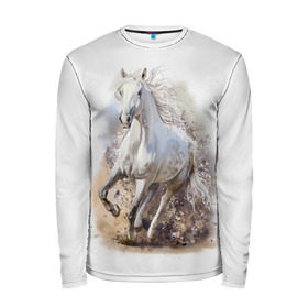 Мужской лонгслив 3D с принтом Белая лошадь в Белгороде, 100% полиэстер | длинные рукава, круглый вырез горловины, полуприлегающий силуэт | Тематика изображения на принте: animal | beautiful | drawing | horse | mane | muzzle | nature | white | wild | белый | грива | дикий | животное | конь | красивый | лошадь | природа | рисунок | скакун