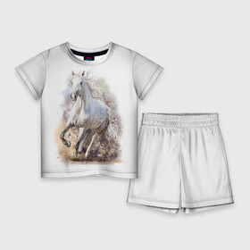 Детский костюм с шортами 3D с принтом Белая лошадь в Белгороде,  |  | Тематика изображения на принте: animal | beautiful | drawing | horse | mane | muzzle | nature | white | wild | белый | грива | дикий | животное | конь | красивый | лошадь | природа | рисунок | скакун