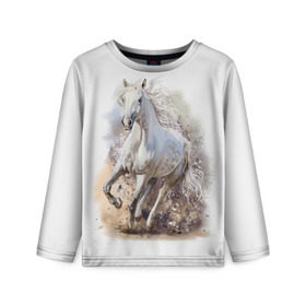 Детский лонгслив 3D с принтом Белая лошадь в Белгороде, 100% полиэстер | длинные рукава, круглый вырез горловины, полуприлегающий силуэт
 | Тематика изображения на принте: animal | beautiful | drawing | horse | mane | muzzle | nature | white | wild | белый | грива | дикий | животное | конь | красивый | лошадь | природа | рисунок | скакун