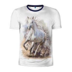 Мужская футболка 3D спортивная с принтом Белая лошадь в Белгороде, 100% полиэстер с улучшенными характеристиками | приталенный силуэт, круглая горловина, широкие плечи, сужается к линии бедра | animal | beautiful | drawing | horse | mane | muzzle | nature | white | wild | белый | грива | дикий | животное | конь | красивый | лошадь | природа | рисунок | скакун