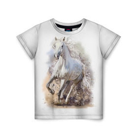 Детская футболка 3D с принтом Белая лошадь в Белгороде, 100% гипоаллергенный полиэфир | прямой крой, круглый вырез горловины, длина до линии бедер, чуть спущенное плечо, ткань немного тянется | Тематика изображения на принте: animal | beautiful | drawing | horse | mane | muzzle | nature | white | wild | белый | грива | дикий | животное | конь | красивый | лошадь | природа | рисунок | скакун
