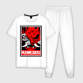 Мужская пижама хлопок с принтом Cyberpunk 2077 в Белгороде, 100% хлопок | брюки и футболка прямого кроя, без карманов, на брюках мягкая резинка на поясе и по низу штанин
 | cyberpunk | cyberpunk 2077 | samurai | игры | киану ривз | киберпанк | самурай