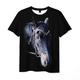 Мужская футболка 3D с принтом Конь вороной в Белгороде, 100% полиэфир | прямой крой, круглый вырез горловины, длина до линии бедер | animal | beautiful | black | eyes | gloss | hairstyle | harness | horse | look | muzzle | взгляд | вороной | глаза | животное | конь | красивый | лоск | лошадь | прическа | сбруя | скакун | черный