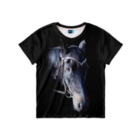 Детская футболка 3D с принтом Конь вороной в Белгороде, 100% гипоаллергенный полиэфир | прямой крой, круглый вырез горловины, длина до линии бедер, чуть спущенное плечо, ткань немного тянется | animal | beautiful | black | eyes | gloss | hairstyle | harness | horse | look | muzzle | взгляд | вороной | глаза | животное | конь | красивый | лоск | лошадь | прическа | сбруя | скакун | черный