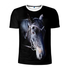 Мужская футболка 3D спортивная с принтом Конь вороной в Белгороде, 100% полиэстер с улучшенными характеристиками | приталенный силуэт, круглая горловина, широкие плечи, сужается к линии бедра | animal | beautiful | black | eyes | gloss | hairstyle | harness | horse | look | muzzle | взгляд | вороной | глаза | животное | конь | красивый | лоск | лошадь | прическа | сбруя | скакун | черный
