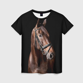 Женская футболка 3D с принтом Гнедая лошадь в Белгороде, 100% полиэфир ( синтетическое хлопкоподобное полотно) | прямой крой, круглый вырез горловины, длина до линии бедер | animal | beautiful | black | brown | eyes | gloss | harness | horse | look | muzzle | взгляд | глаза | гнедая | животное | конь | коричневый | красивый | лоск | лошадь | сбруя | скакун | черный