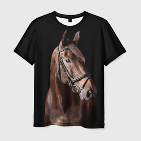 Мужская футболка 3D с принтом Гнедая лошадь в Белгороде, 100% полиэфир | прямой крой, круглый вырез горловины, длина до линии бедер | animal | beautiful | black | brown | eyes | gloss | harness | horse | look | muzzle | взгляд | глаза | гнедая | животное | конь | коричневый | красивый | лоск | лошадь | сбруя | скакун | черный