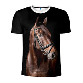 Мужская футболка 3D спортивная с принтом Гнедая лошадь в Белгороде, 100% полиэстер с улучшенными характеристиками | приталенный силуэт, круглая горловина, широкие плечи, сужается к линии бедра | animal | beautiful | black | brown | eyes | gloss | harness | horse | look | muzzle | взгляд | глаза | гнедая | животное | конь | коричневый | красивый | лоск | лошадь | сбруя | скакун | черный