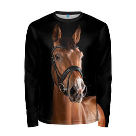 Мужской лонгслив 3D с принтом Гнедая лошадь в Белгороде, 100% полиэстер | длинные рукава, круглый вырез горловины, полуприлегающий силуэт | animal | beautiful | black | brown | eyes | gloss | harness | horse | look | muzzle | взгляд | глаза | гнедая | животное | конь | коричневый | красивый | лоск | лошадь | сбруя | скакун | черный