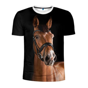 Мужская футболка 3D спортивная с принтом Гнедая лошадь в Белгороде, 100% полиэстер с улучшенными характеристиками | приталенный силуэт, круглая горловина, широкие плечи, сужается к линии бедра | animal | beautiful | black | brown | eyes | gloss | harness | horse | look | muzzle | взгляд | глаза | гнедая | животное | конь | коричневый | красивый | лоск | лошадь | сбруя | скакун | черный