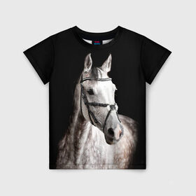 Детская футболка 3D с принтом Серный в яблоках конь в Белгороде, 100% гипоаллергенный полиэфир | прямой крой, круглый вырез горловины, длина до линии бедер, чуть спущенное плечо, ткань немного тянется | animal | beautiful | black | eyes | gloss | harness | horse | look | muzzle | spotted | white | белый | в яблоках | взгляд | глаза | животное | конь | красивый | лоск | лошадь | пятнистый | сбруя | серый | скакун | черный