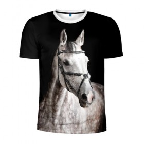 Мужская футболка 3D спортивная с принтом Серный в яблоках конь в Белгороде, 100% полиэстер с улучшенными характеристиками | приталенный силуэт, круглая горловина, широкие плечи, сужается к линии бедра | animal | beautiful | black | eyes | gloss | harness | horse | look | muzzle | spotted | white | белый | в яблоках | взгляд | глаза | животное | конь | красивый | лоск | лошадь | пятнистый | сбруя | серый | скакун | черный