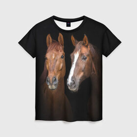 Женская футболка 3D с принтом Лошади гнедые в Белгороде, 100% полиэфир ( синтетическое хлопкоподобное полотно) | прямой крой, круглый вырез горловины, длина до линии бедер | animal | beautiful | black | brown | coffee | couple | eyes | gloss | horse | look | muzzle | взгляд | глаза | гнедые | животное | конь | коричневый | кофейный | красивый | лоск | лошади | пара | скакун | черный