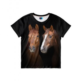 Детская футболка 3D с принтом Лошади гнедые в Белгороде, 100% гипоаллергенный полиэфир | прямой крой, круглый вырез горловины, длина до линии бедер, чуть спущенное плечо, ткань немного тянется | animal | beautiful | black | brown | coffee | couple | eyes | gloss | horse | look | muzzle | взгляд | глаза | гнедые | животное | конь | коричневый | кофейный | красивый | лоск | лошади | пара | скакун | черный