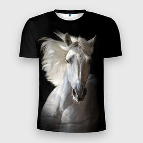 Мужская футболка 3D спортивная с принтом Белая лошадь в Белгороде, 100% полиэстер с улучшенными характеристиками | приталенный силуэт, круглая горловина, широкие плечи, сужается к линии бедра | animal | beautiful | black | eyes | gloss | grace | harness | horse | look | mane | muzzle | strength | white | белая | взгляд | глаза | грация | грива | животное | конь | красивый | лоск | лошадь | сбруя | сила | скакун