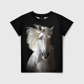 Детская футболка 3D с принтом Белая лошадь в Белгороде, 100% гипоаллергенный полиэфир | прямой крой, круглый вырез горловины, длина до линии бедер, чуть спущенное плечо, ткань немного тянется | animal | beautiful | black | eyes | gloss | grace | harness | horse | look | mane | muzzle | strength | white | белая | взгляд | глаза | грация | грива | животное | конь | красивый | лоск | лошадь | сбруя | сила | скакун
